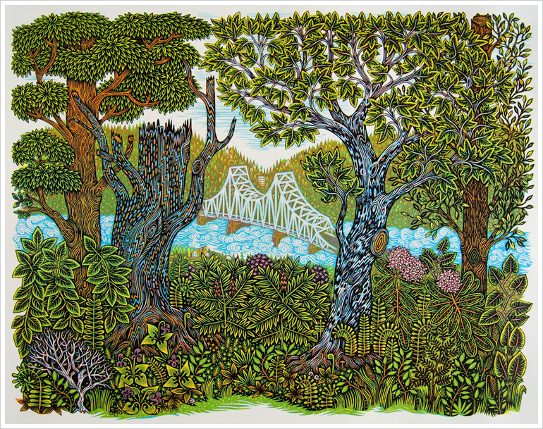 "BLUE BRIDGE" Woodcut Print, Woodblock Print by Valerie Lueth | Tugboat Printsho