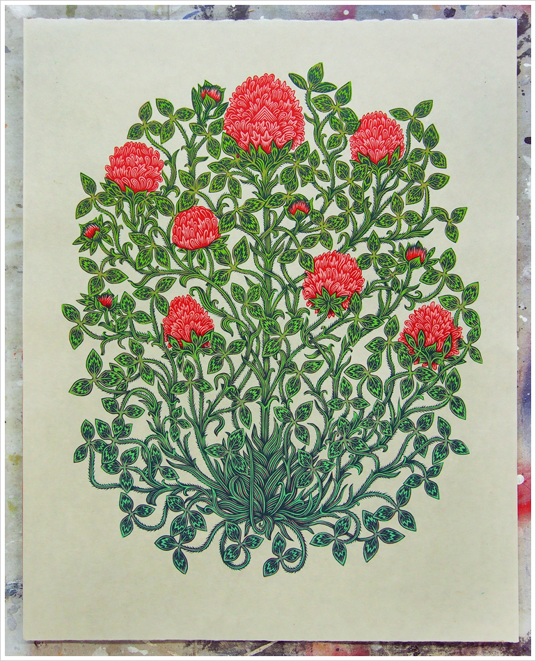 "CLOVER BLOSSOMS" Woodcut Print, Woodblock Print by Valerie Lueth | Tugboat Printshop