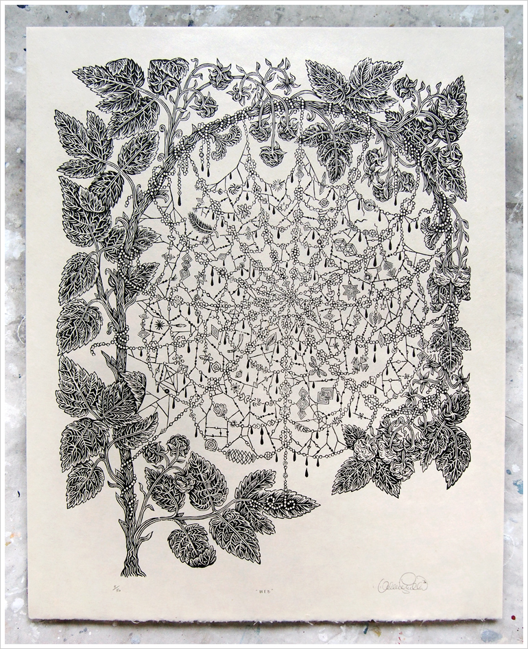 "WEB" Woodcut Print, Woodblock Print by Valerie Lueth | Tugboat Printshop